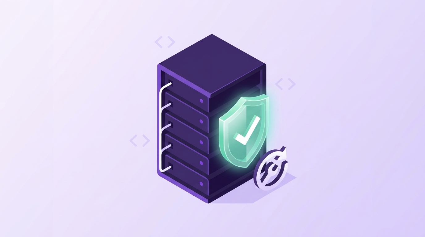 Illustration of a patched server protected by a shield with a tick